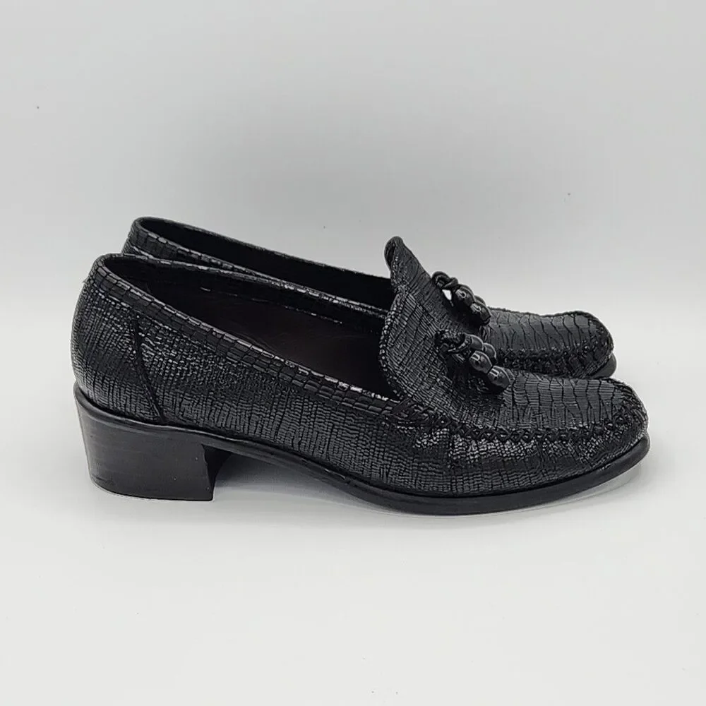 Stuart Weitzman Black Shiny Leather Tassle Loafers Block Heel Size 6.5B
